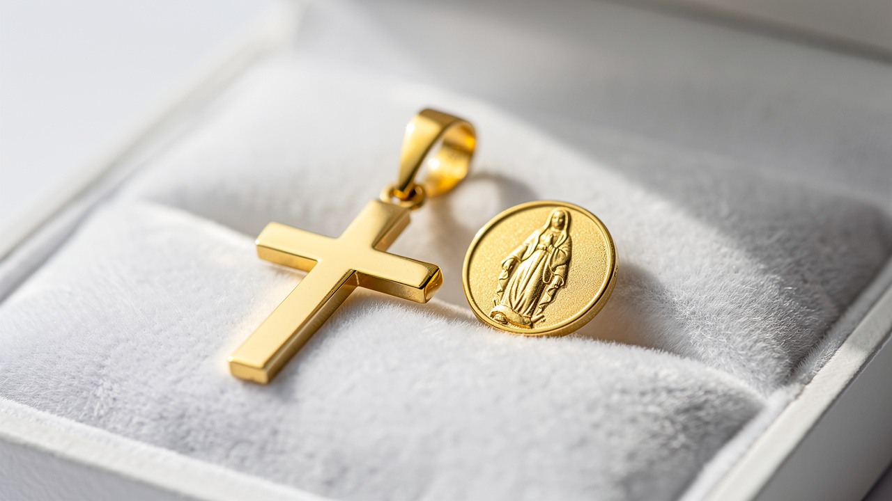 Złoty medalik i krzyżyk chrzcielny z bliska